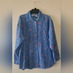 Capacity XL Blue Floral Button-Up Collar Long Sleeve Shirt